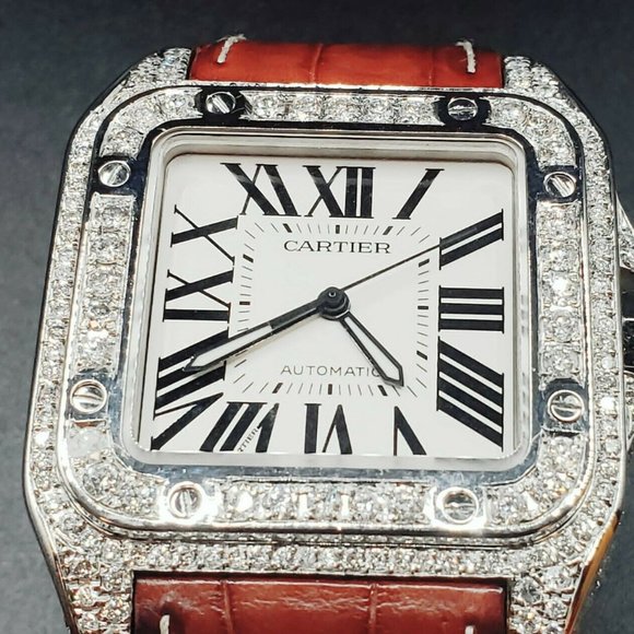 Cartier Mens Santos 100 XL Diamond Watch Original Leather Band